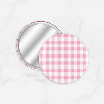 Cermin Bulat Pastel Strawberry Pink Gingham Pattern | Kaca Cermin Make Up Mini